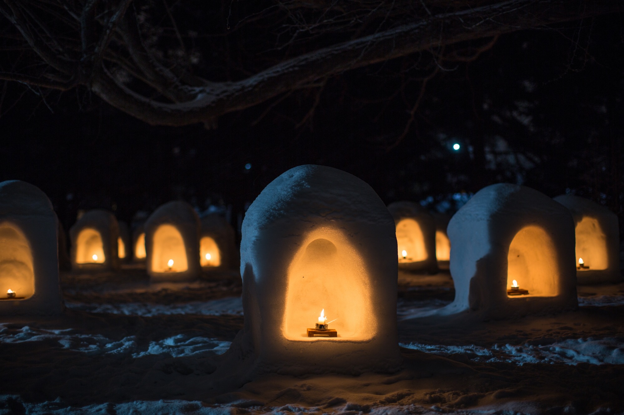 雪化粧した弘前城を囲む燈籠や雪像雪灯りが誘う幽玄の世界へ