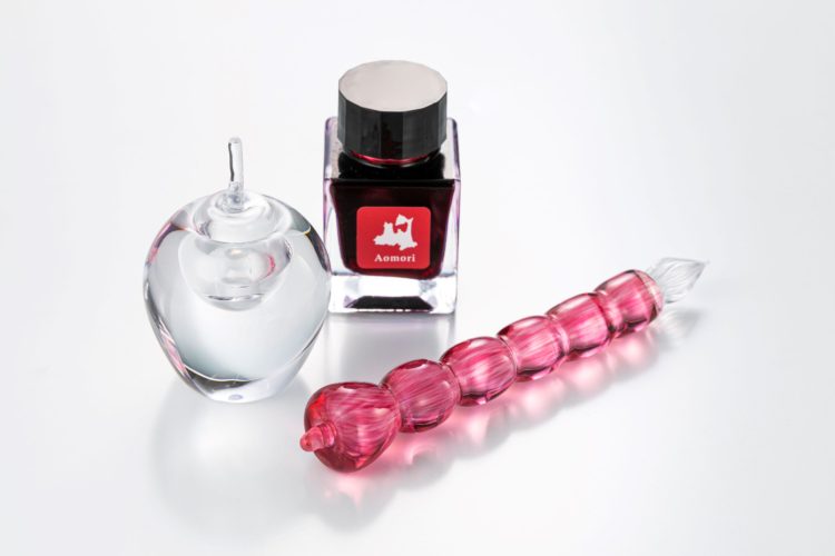 「ちいさな林檎」ガラスペン、インク壷、平山萬年堂オリジナルインクのセット